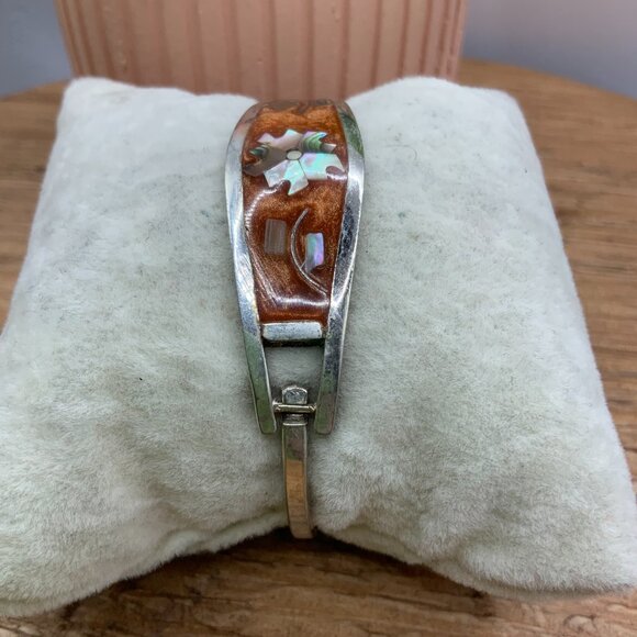 Alpaca Mexico Burnt Orange Silver Mother of Pearl Flower Bangle Hinged Bracelet - Picture 5 of 7